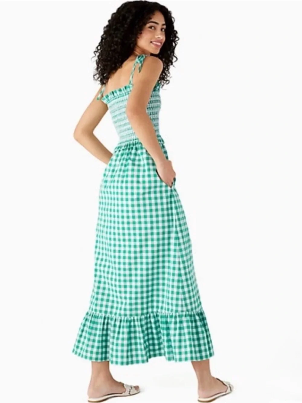Kate Spade Gingham check Smocked-Bodice Maxi Dress in Wintergreen Sz medium NWT - Picture 3 of 12